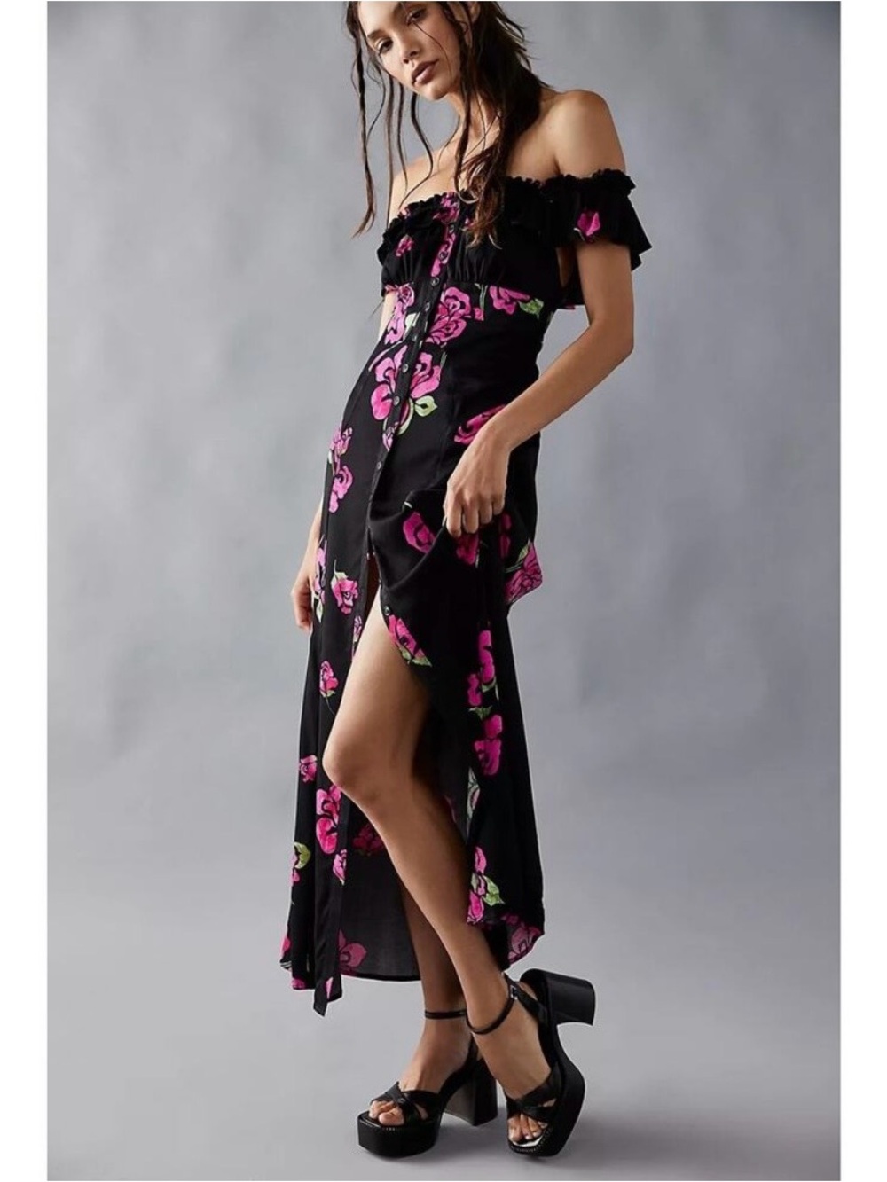 Free People Black Floral Midi Dress Size XS